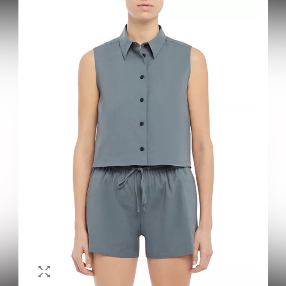 Theory Set Shrunken Cropped Linen blend Shirt & short set size large washed look